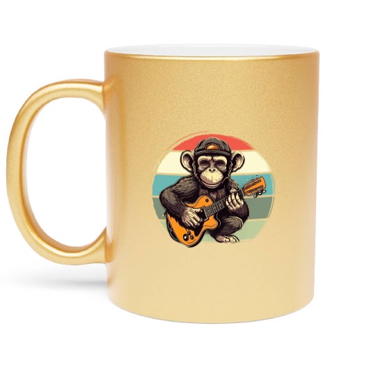 Monkey Chimpanzee Playing Acousitc Rock Guitar Metallic Mugs