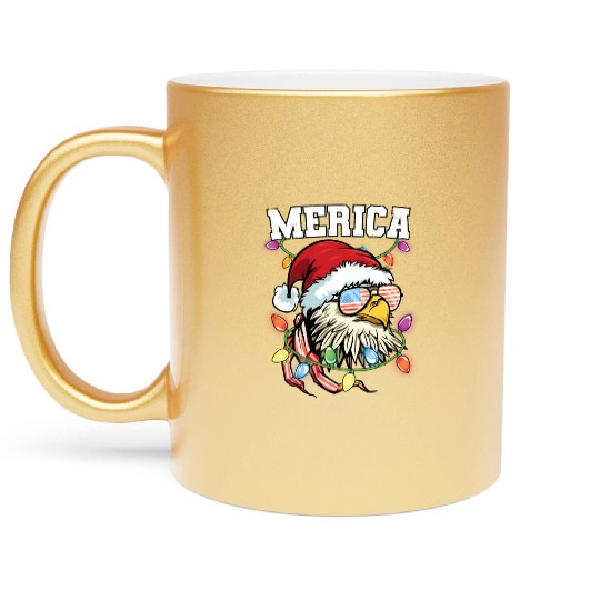 Merica Usa Flag Patriotic Veteran Santa Bald Eagle Metallic Mugs