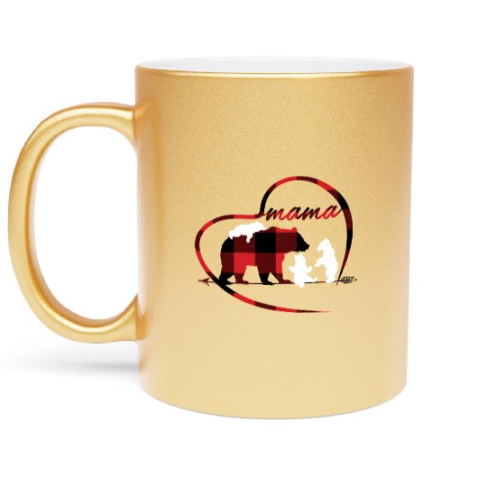 Mama Bear 3 Cubs Red Buffalo Plaid Heart For Mom Metallic Mugs