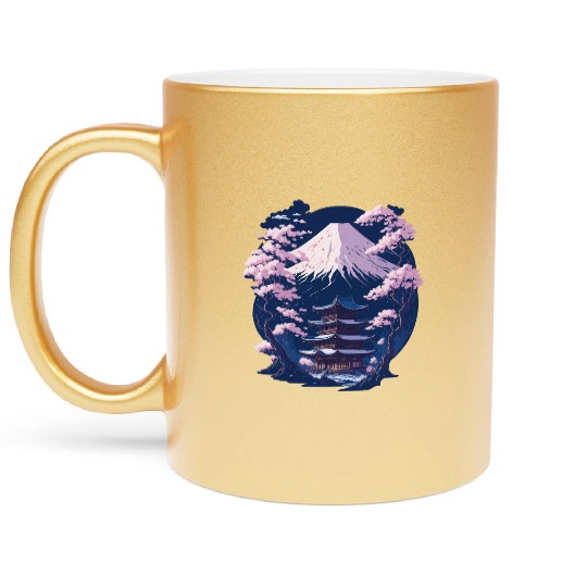 Mount Fuji and a Temple With Cherry Blossoms Metallic Mugs
