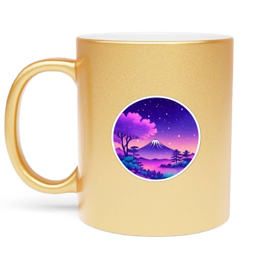Japan Mount Fuji Night Sky Lo-Fi Art Retro Purple Metallic Mugs
