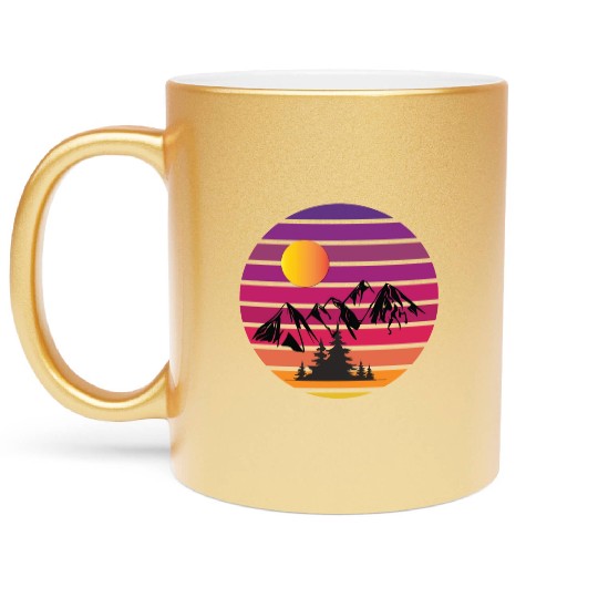 Retro Sunset Mountains Minimalist Pine Tree Metallic Mugs