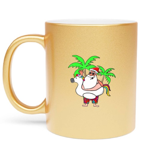 Christmas In July Santa on Vacation Unicorn Pool Metallic Mugs