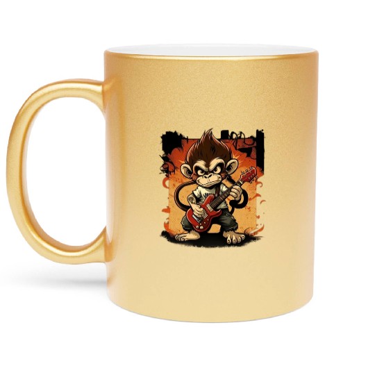 Monkey Chimpanzee Playing Acousitc Rock Guitar Metallic Mugs