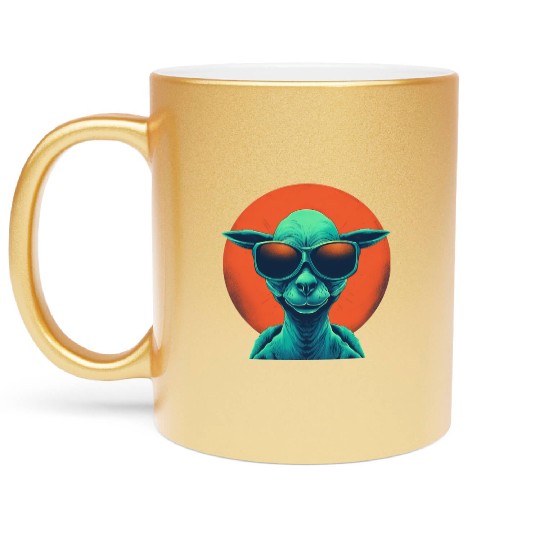 Cool Alien and Lama in Orange and Green Metallic Mugs