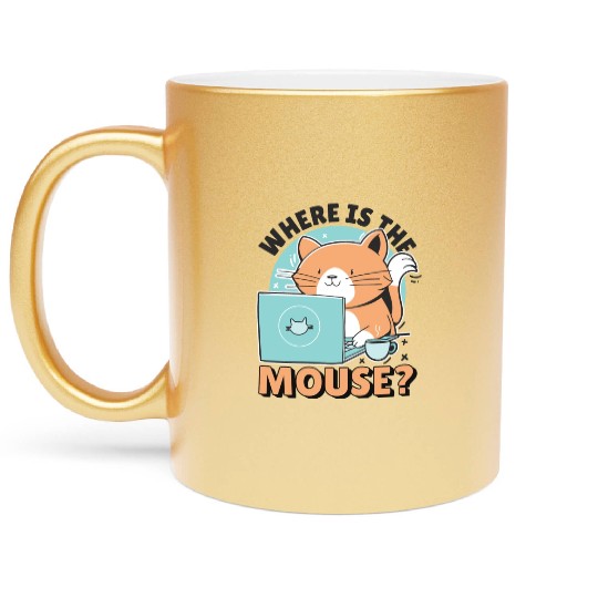 Cat Using Computer A Cat Using A Computer And The Metallic Mugs