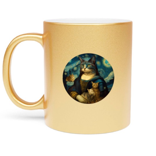Mona Lisa With Cats Starry Night Van Gogh Painting Metallic Mugs