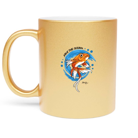 Save The Ocean Orange Fish Blue Waves Environment Metallic Mugs