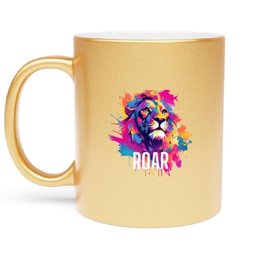 Roar Metallic Mugs: Lion Synthwave Graffiti Kids Metallic Mugs