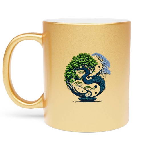 Harmony Unveiled - Yin and Yang Bonsai Metallic Mugs