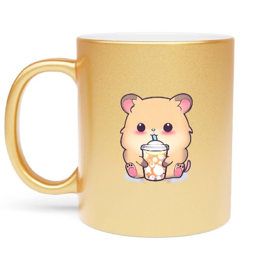 Kawaii hamster with bubble tea Metallic Mugs