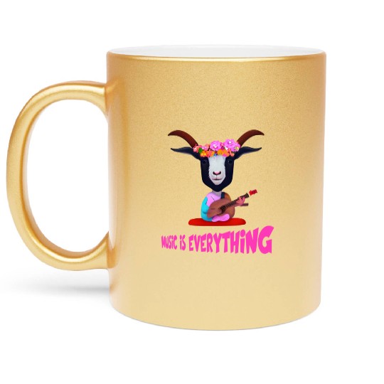 Hippie Goat with flowers on head, playing guitar Metallic Mugs