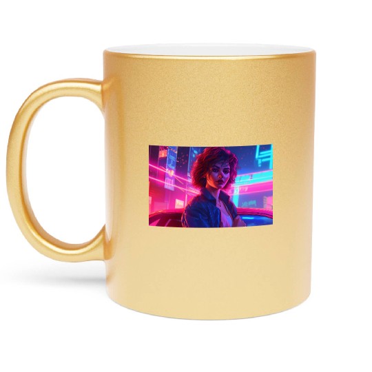 Synthwave Girl - Anime Portrait in Neon Colors Metallic Mugs