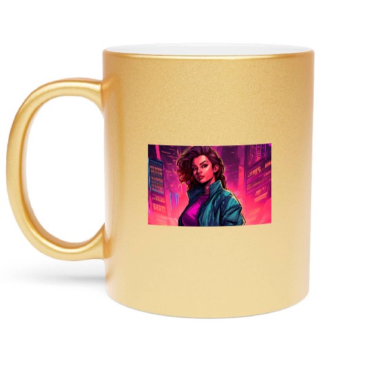 Girl in front of a Neon Pink Cityscape Metallic Mugs