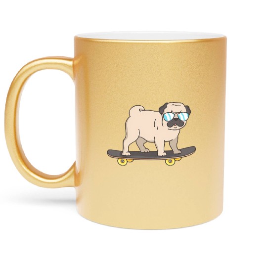 Cartoon Pug With Glasses On A Skateboard Metallic Mugs