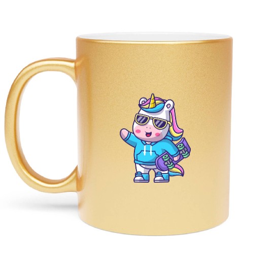 cute cool unicorn holding skateboard cartoon Metallic Mugs