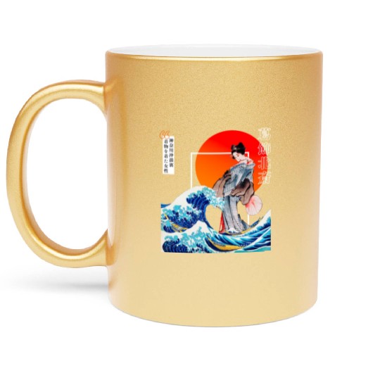 The Great Wave off Kanagawa'n woman wearing kimono Metallic Mugs