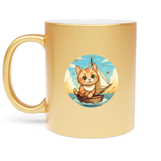 Sailing Cat on Sailboat, Sunset Animal Design Metallic Mugs
