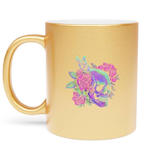 Skeleton Metallic Mugs, Neon Skull Roses Gothic Skeleton