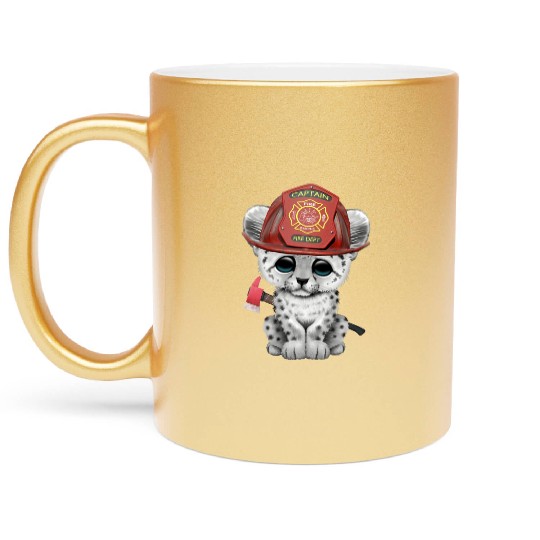 Cute Snow Leopard Cub Firefighter Metallic Mugs