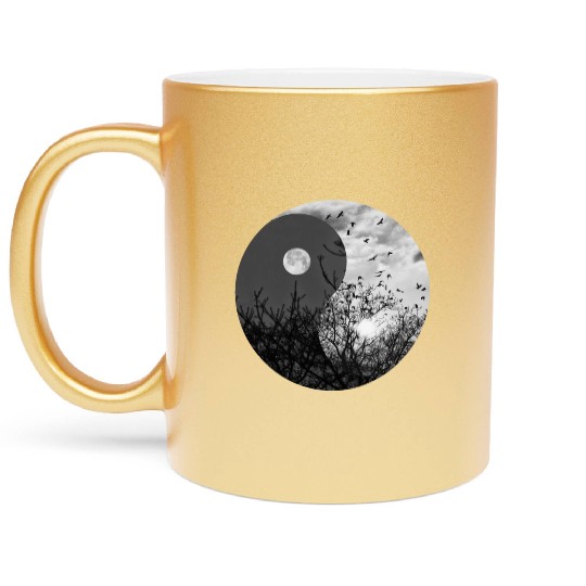 Yin and Yang of Moon and Sun in Black and White Metallic Mugs