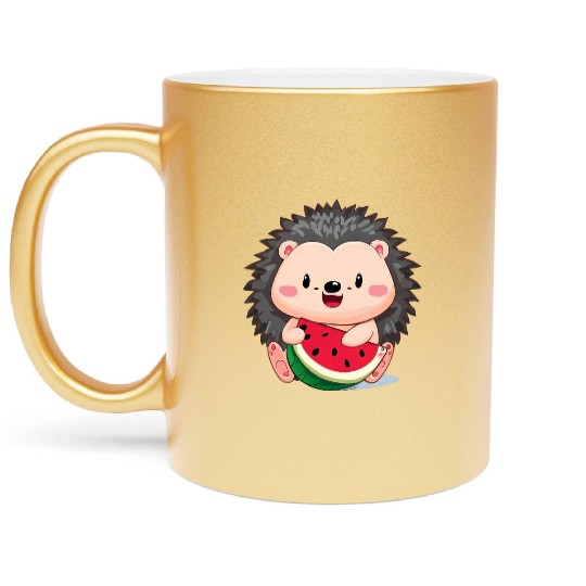 Happy hedgehog enjoys watermelon Metallic Mugs