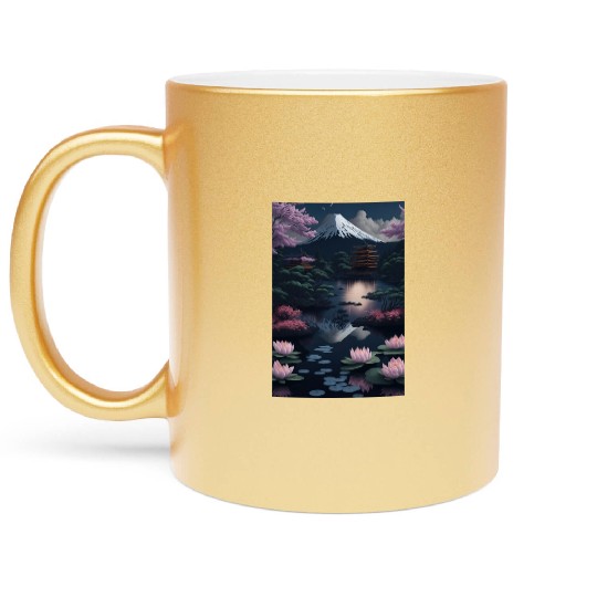 Asia Landscape by night Serene Mount Fuji Metallic Mugs