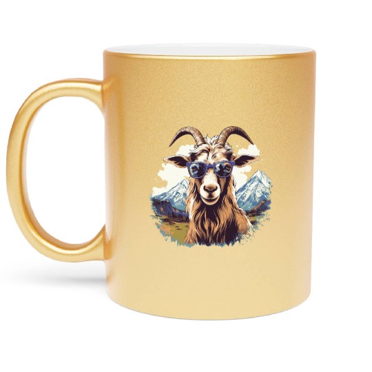 A goat with sunglasses in the mountains Metallic Mugs