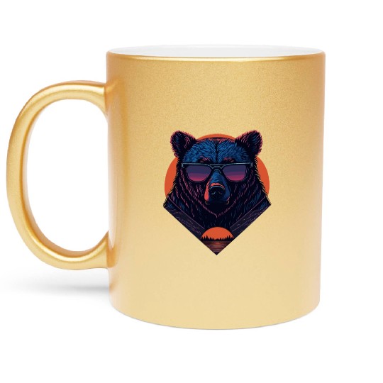 Synthwave Bear with sunset Metallic Mugs