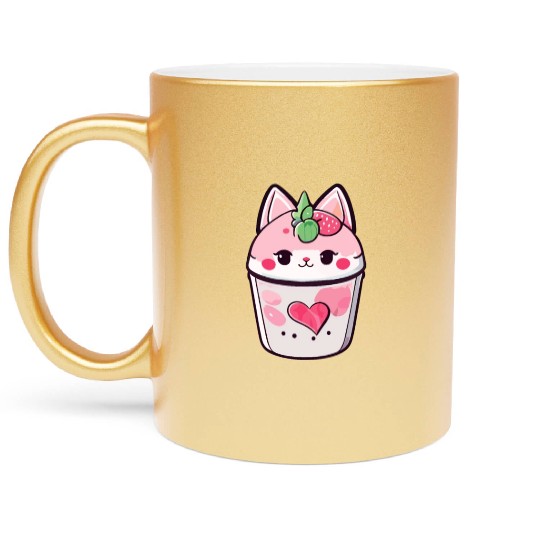 Cat Strawberry Milk Shake Kawaii Metallic Mugs
