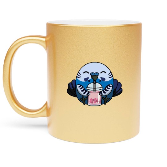 Bubbly Budgie Cute Adorable Budgie with Bubble Tea Metallic Mugs