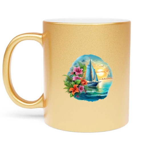 Sailing Ship Sailing Orchids Flowers Sailboat Metallic Mugs