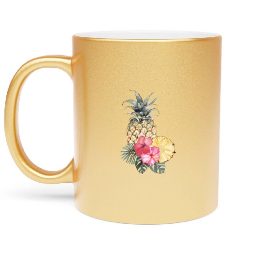 Pineapple With Pink Hibiscus And Tropical Leaves Metallic Mugs