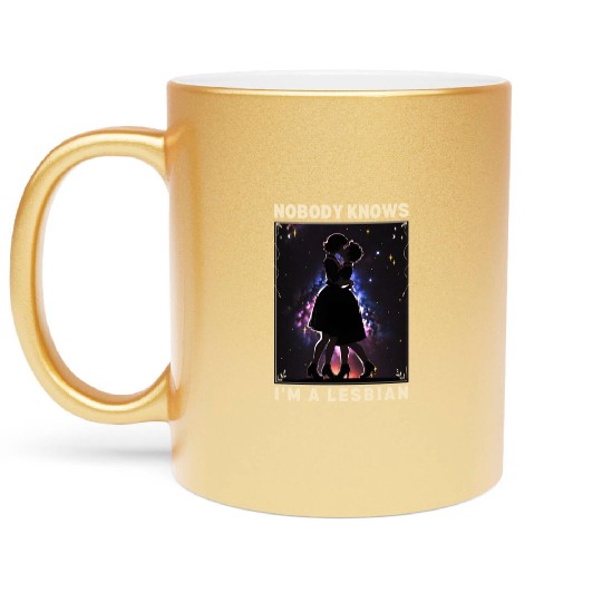 Nobody Knows I'm a Lesbian Couple Kissing LGBTQ Metallic Mugs
