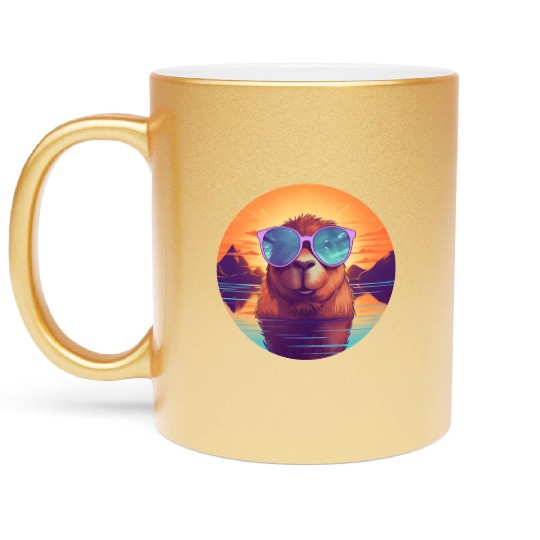 Sunset Serenity: Rustic Capybara Stripe Illustrate Metallic Mugs
