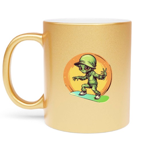 Alien on a Space Skateboard at Sunset Metallic Mugs