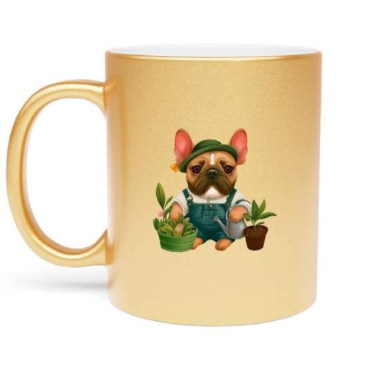 Frenchie The Gardener Drawing Metallic Mugs