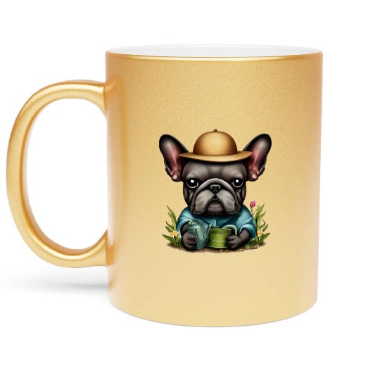 Frenchie Watering Plants Metallic Mugs