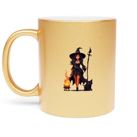 The evil witch and her black cat Metallic Mugs