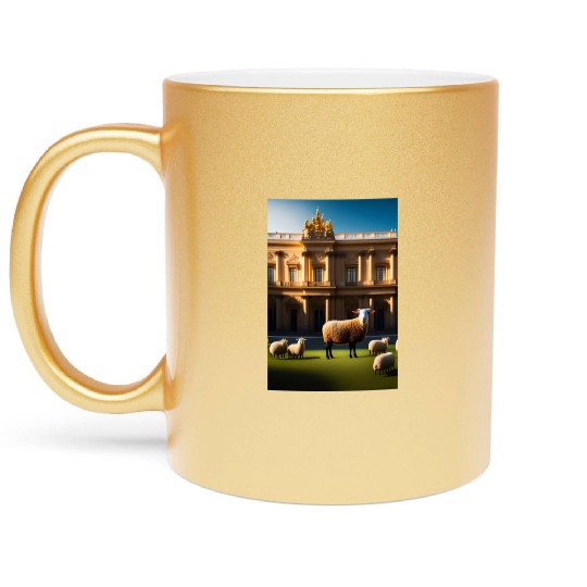 sheep in baroque armor in front of palace made of Metallic Mugs
