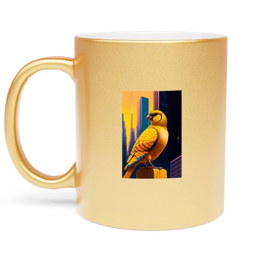Photo of of a huge gold finch bird in a fusion cit Metallic Mugs