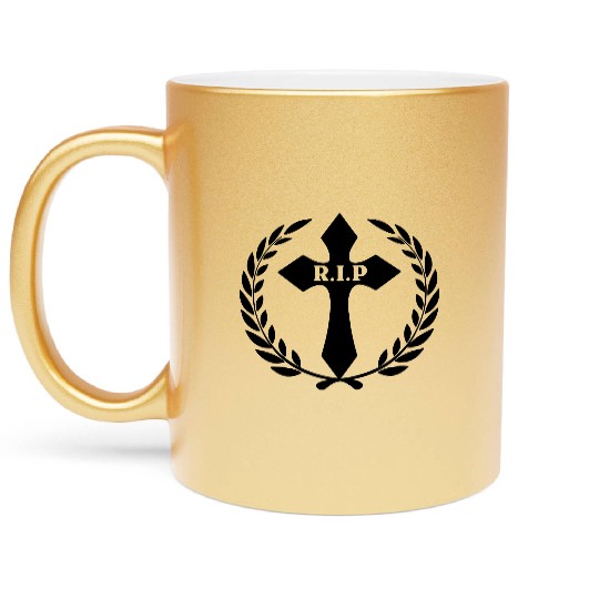 Cross RIP loss loved one in laurel wreath Metallic Mugs