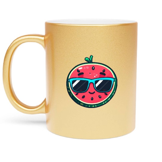 Kawaii Melon with Sunglasses: Summer Fruit Chill Metallic Mugs