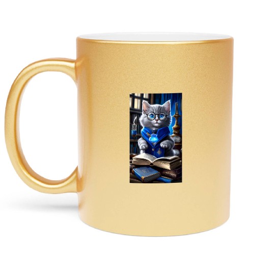 The Raven-claw Kitten Scholar: A Feline Journey. Metallic Mugs