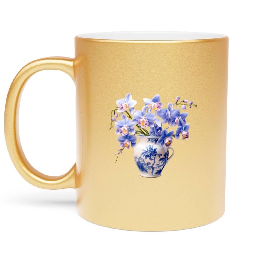 Blue Orchids in a Vase Graphic Metallic Mugs