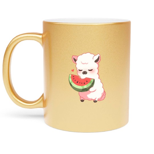 Adorable Kawaii Llama Savoring Sweet Watermelon Metallic Mugs