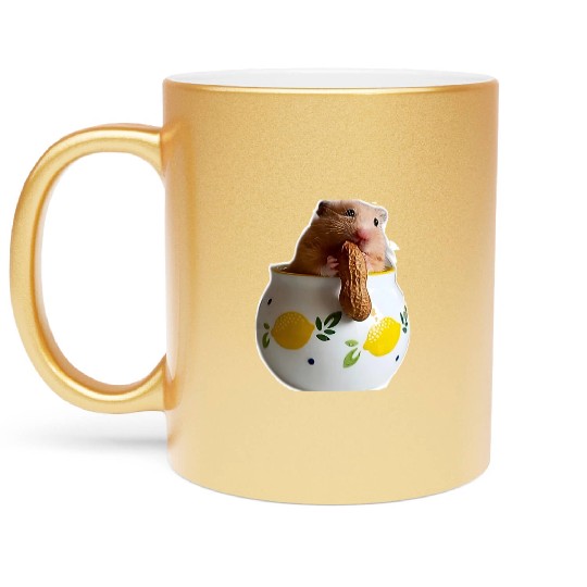 Beautiful hamster Caramella holding a peanut Metallic Mugs