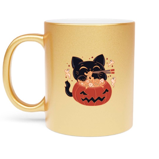 Kawaii Creepy black Cat Eating Ramen Noodles Metallic Mugs