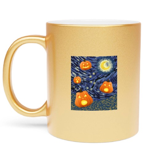 Starry Night with Pumpkins Funny Halloween Art Metallic Mugs