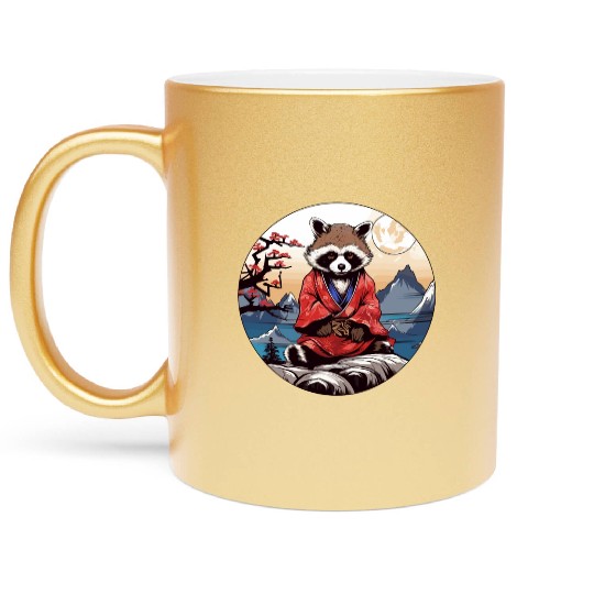 tanuki raccoon dog in kimono in anime style Metallic Mugs